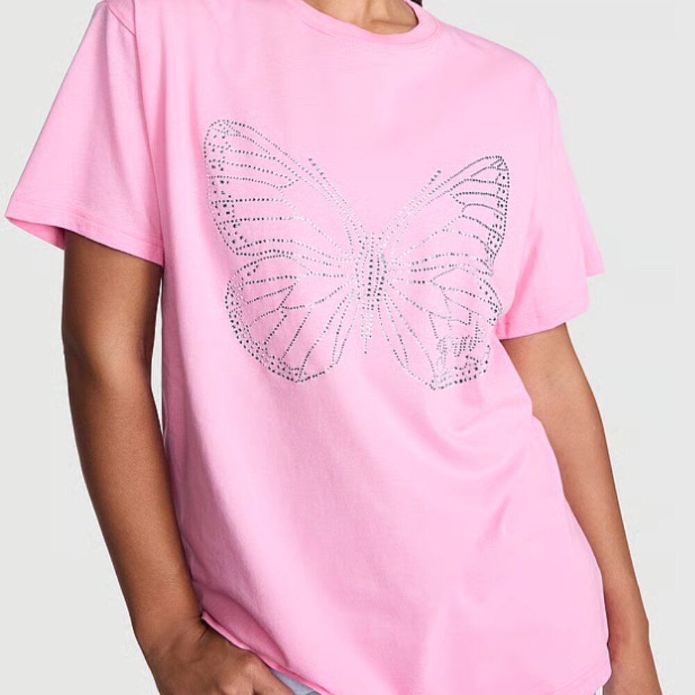 PINK Victoria's Secret Campus Cotton Tee Pink Rhinestone Butterfly Shine  - NWT